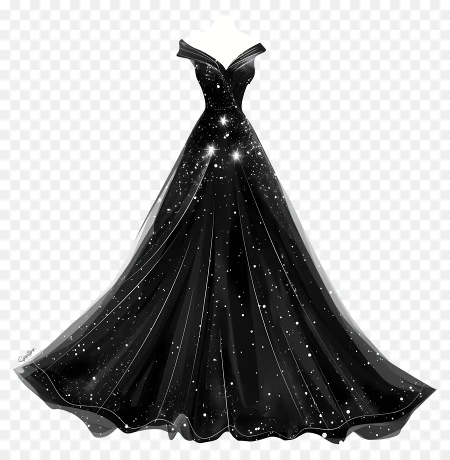 Schwarzes Hochzeitskleid schwarze Abendkleid Sterne glitzernder Material langer Rock - Schwarzes Abendkleid mit Sternen und Glitzer