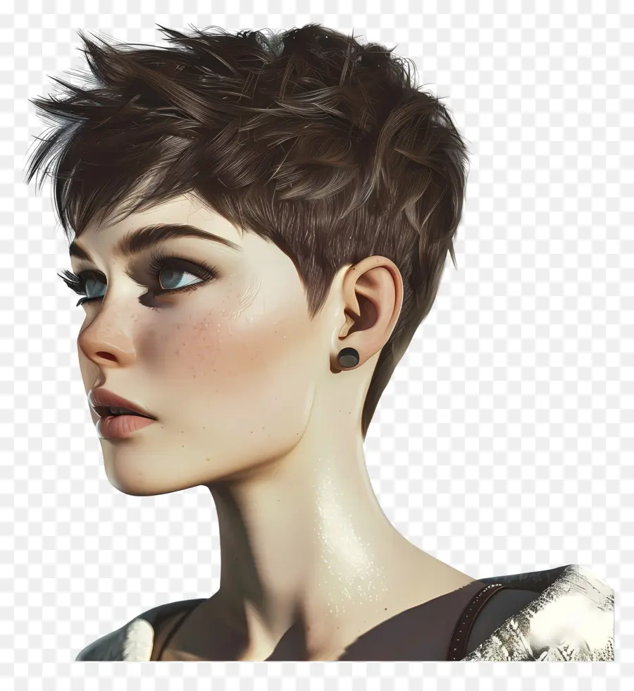 kantig super kurzer pixie geschnittener junger Frau kurze Haare durchbohrte Ohren weißer Pullover - 3D -Rendering der jungen Frau Charakter