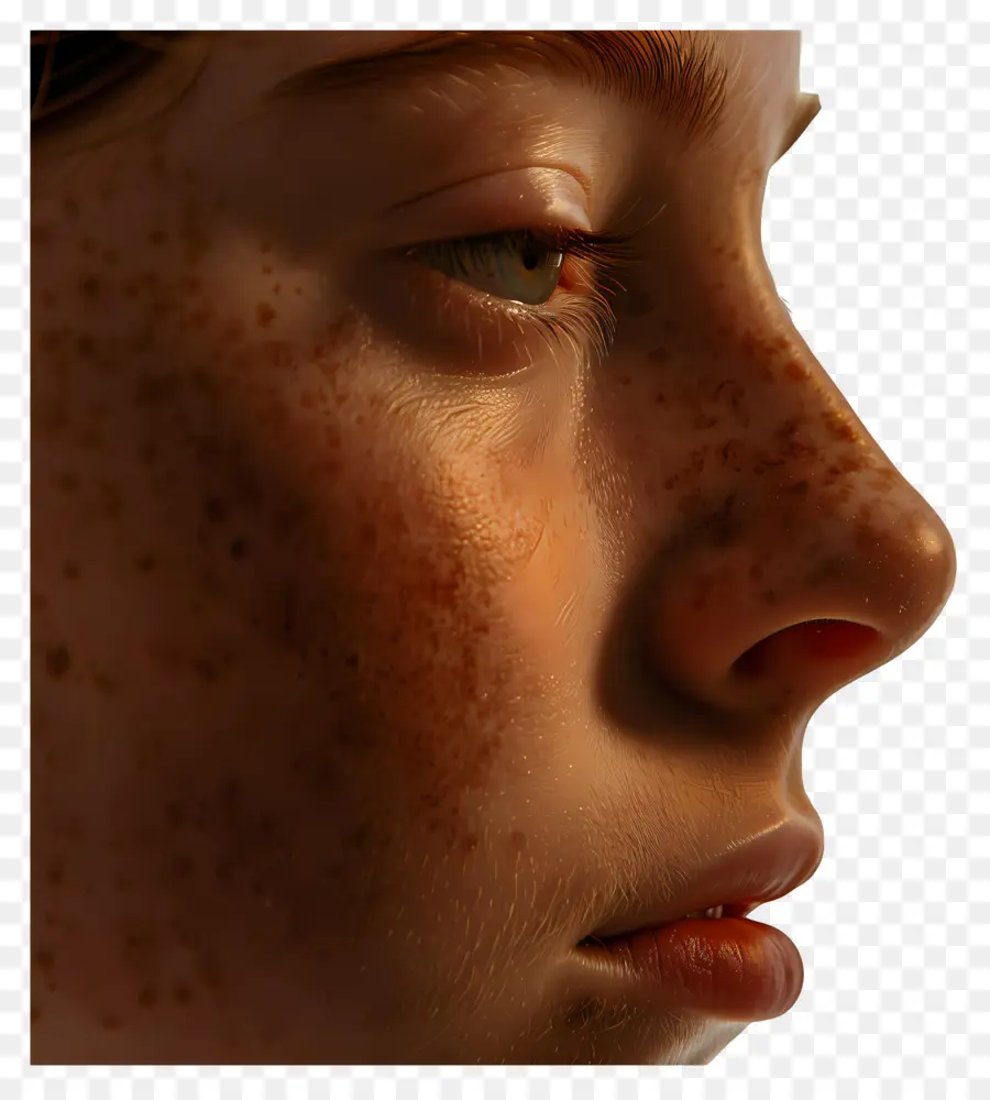 face side view freckles facial features brown spots down turned mouth