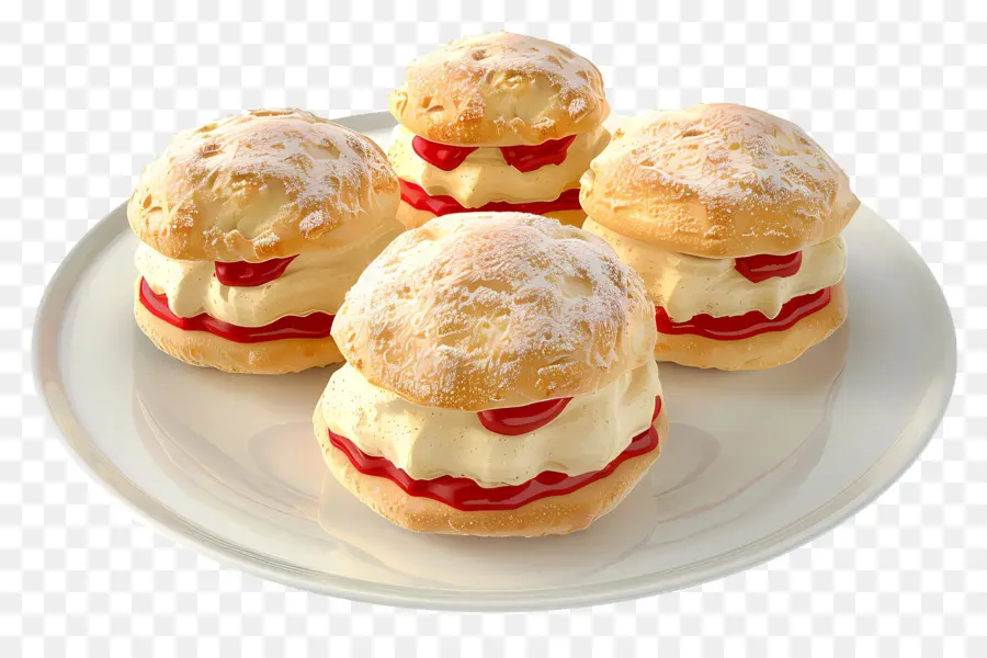 scones mini cakes dessert cream raspberry jam