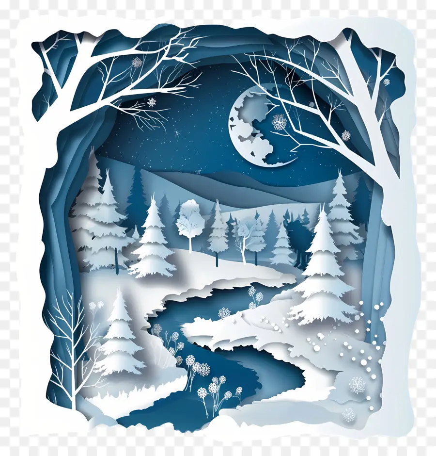 mùa đông cảnh - Phong cảnh tuyết với cây, sông và mặt trăng