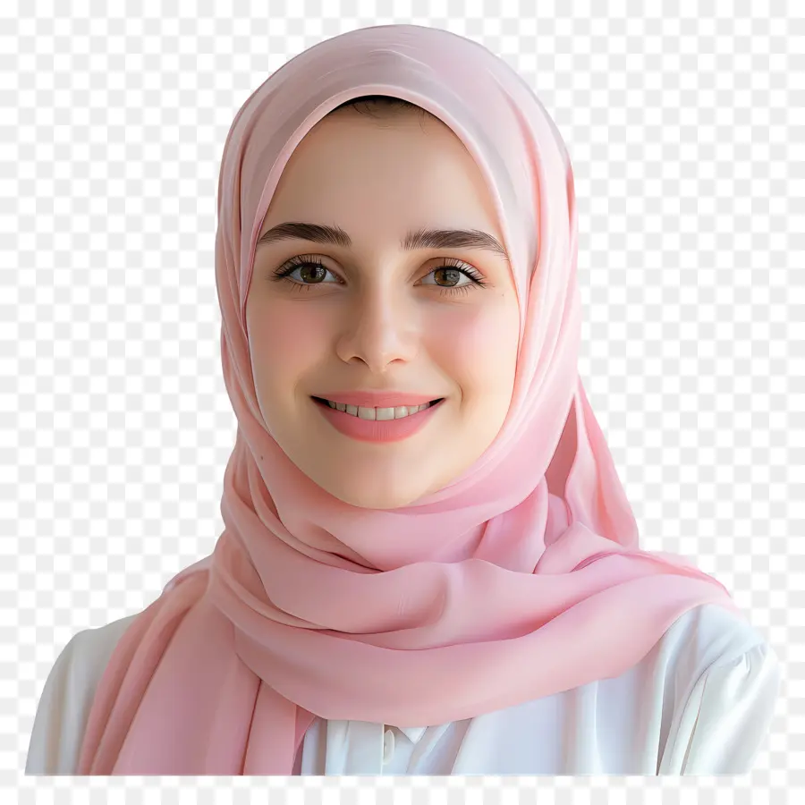 Hồi thời trang - Người phụ nữ Hồi giáo trẻ tuổi trong Hijab màu hồng mỉm cười