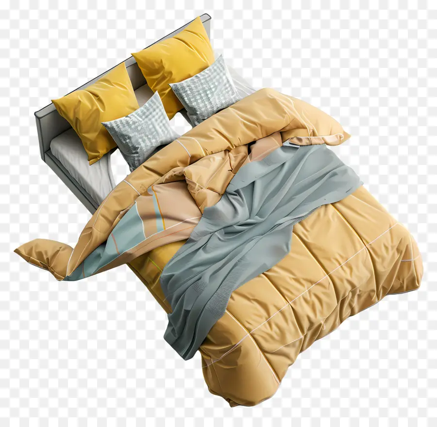 giường trên cùng xem giường gối màu vàng xám - Giường tối giản với gối màu xám và vàng