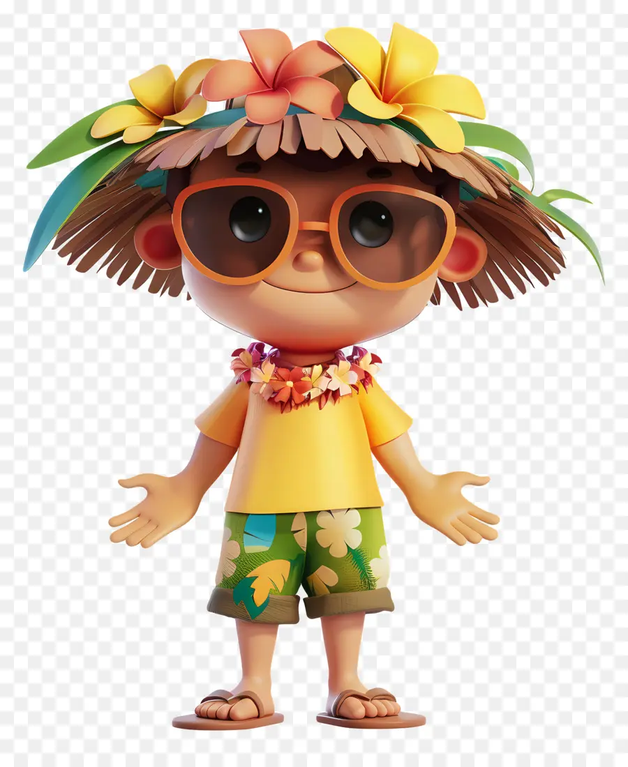 hawaii boy cartoon straw hat sunglasses smiling black background