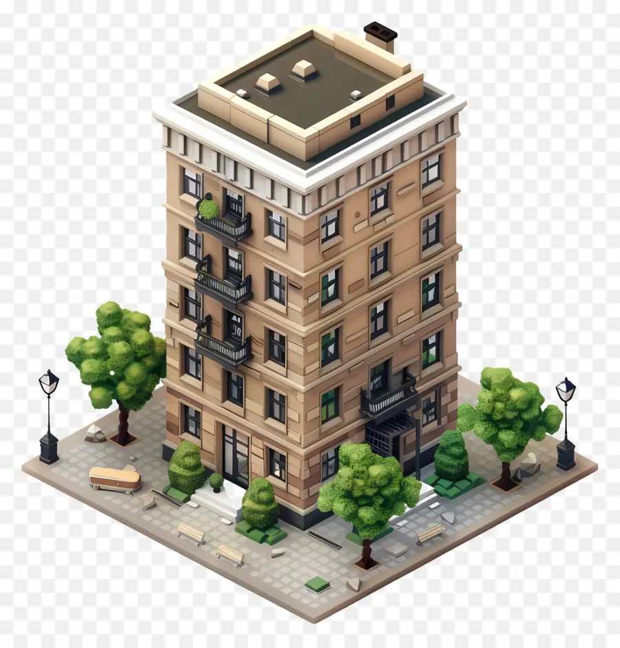 Tòa nhà Isometric 3D Kết xuất tòa nhà chung cư Kiến trúc truyền thống Gạch màu nâu - Tòa nhà chung cư 3D với thiết kế truyền thống