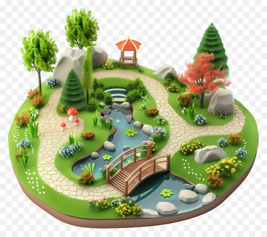 Landschaftsgartenpark Breambäume Felsen - 3D -Park mit Bach, Bäumen, Brücke, Wiese