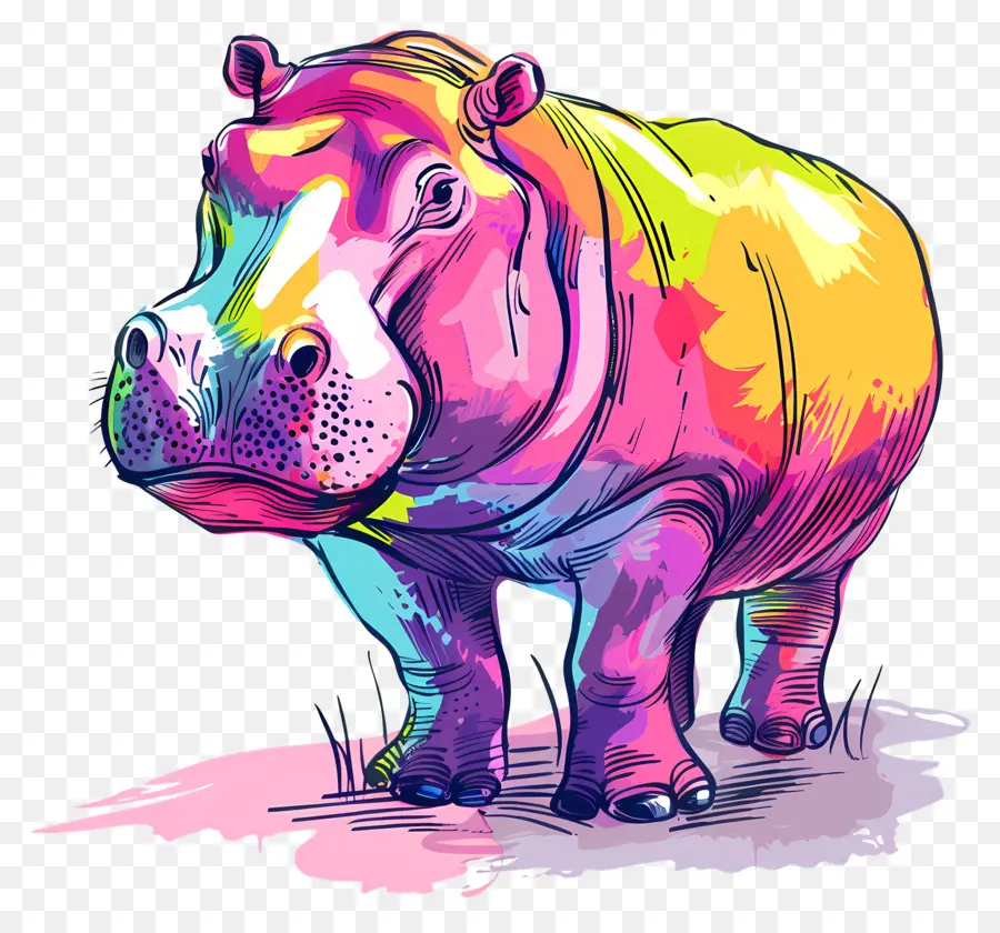 Hippopotamus Hippo Bunte Farbe spritzt lebendig - Buntes Nilpferd steht auf Hinterbeinen