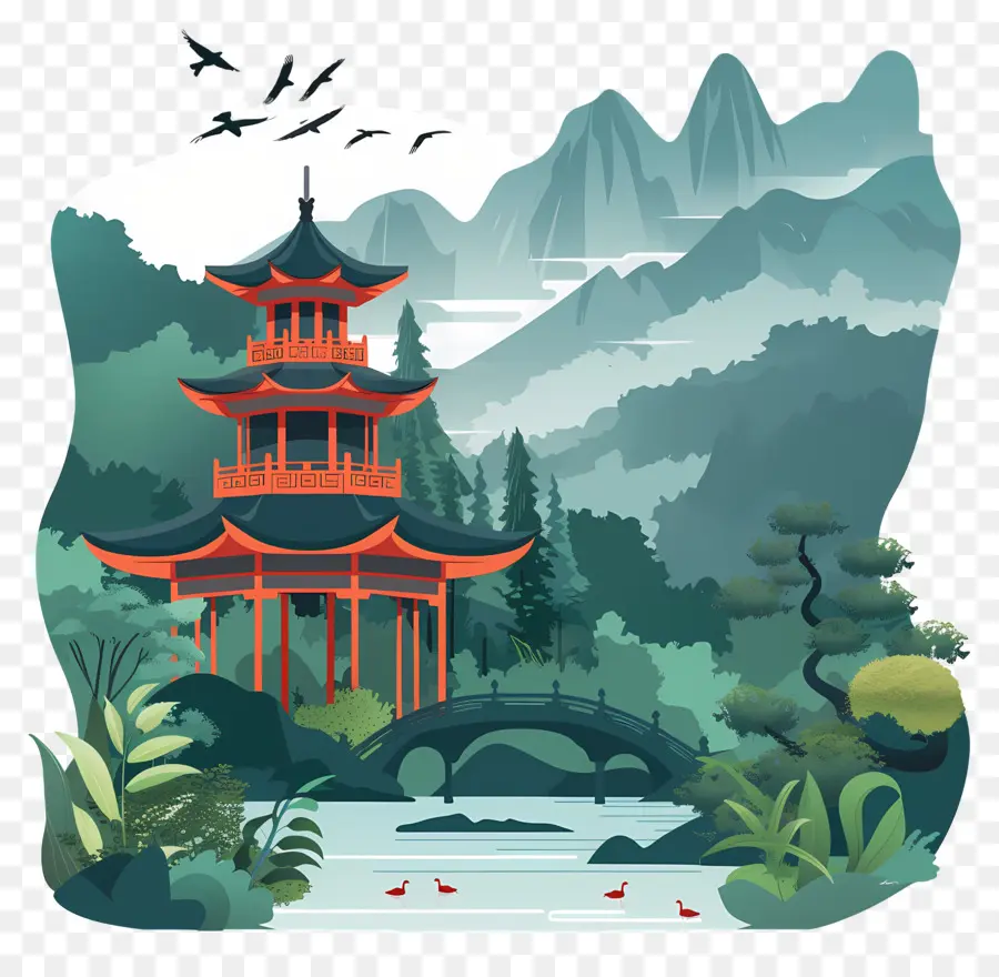 china nature traditional chinese landscape painting pagoda bamboo forest