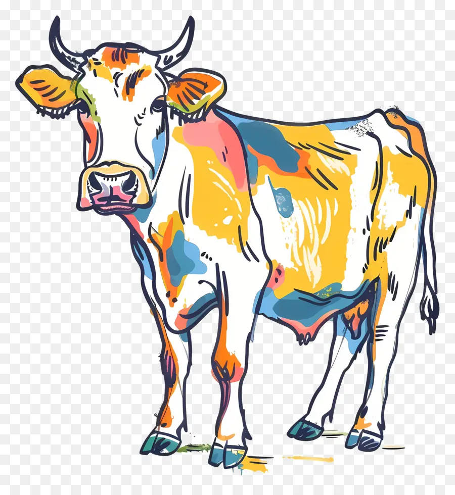 Kuhfeldgrashörner handbemalt - Handbemalte Kuh in einem farbenfrohen Feld