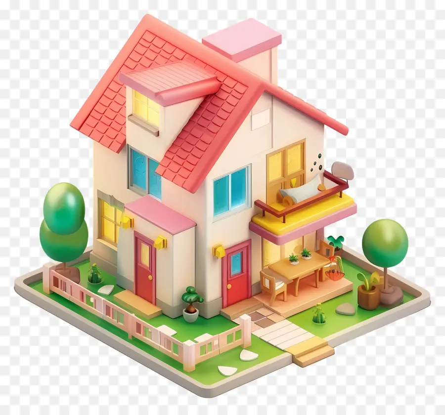 ngôi nhà isometric nhà nhỏ ban công mái nhà màu hồng hiên nhà nhỏ - Ngôi nhà màu hồng ấm cúng với hàng rào trắng