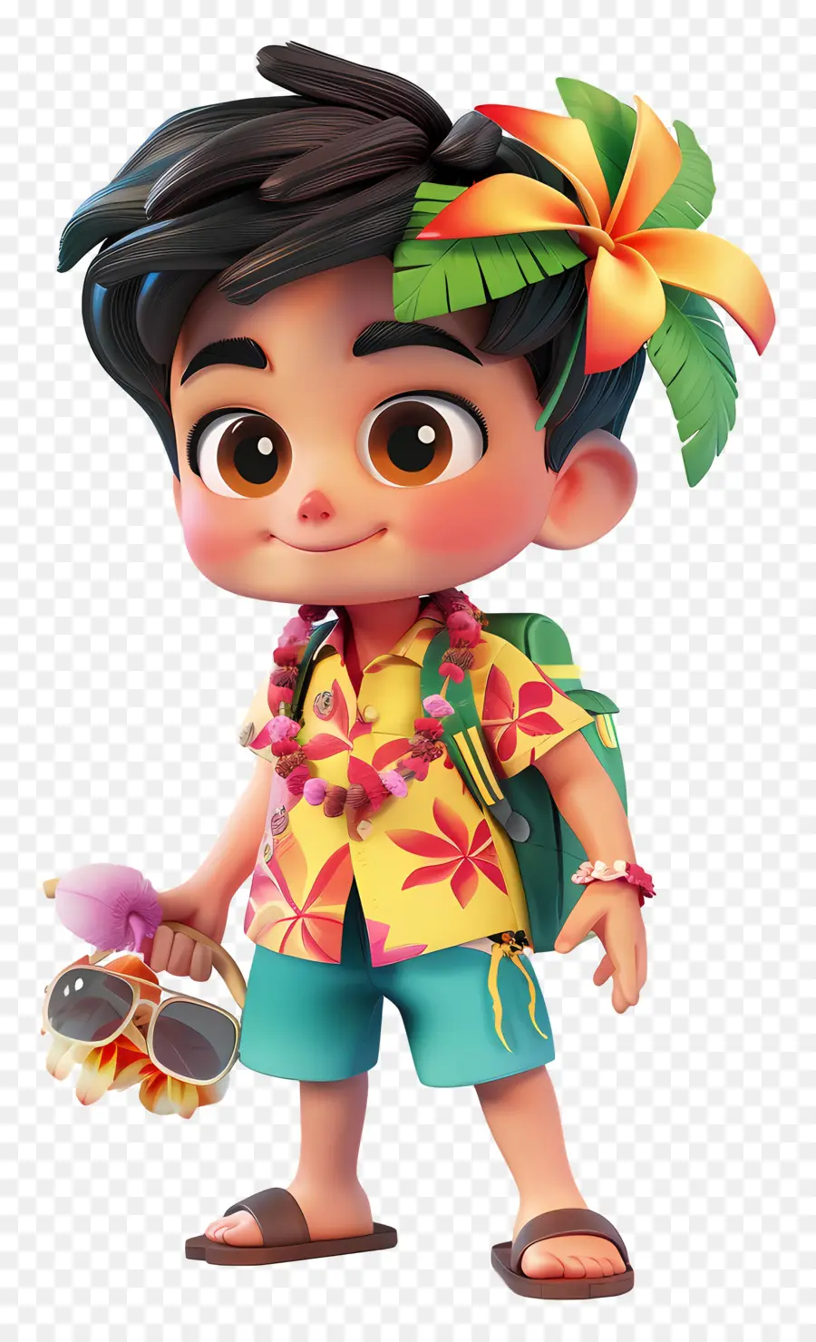 Hawaii Boy Cartoon Shirt Hawaiian Camicie da sole da sole Lei - Giovane in abbigliamento hawaiano con la telecamera