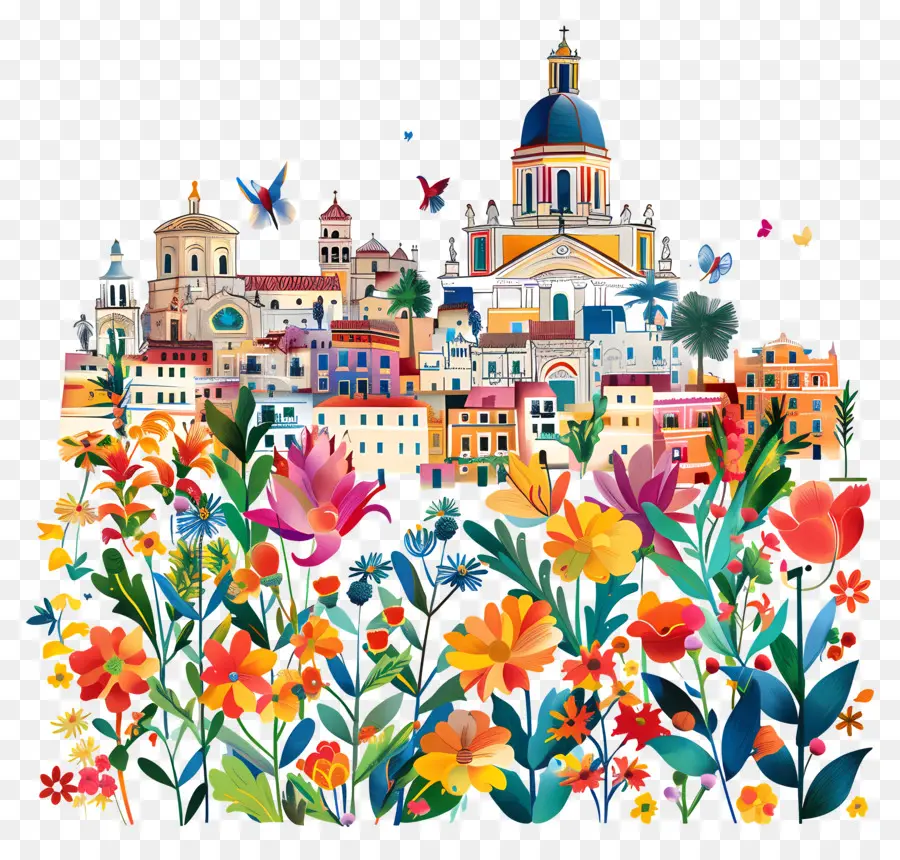 hoa trường - Cảnh quan thành phố đầy màu sắc với cánh đồng hoa và nhà thờ