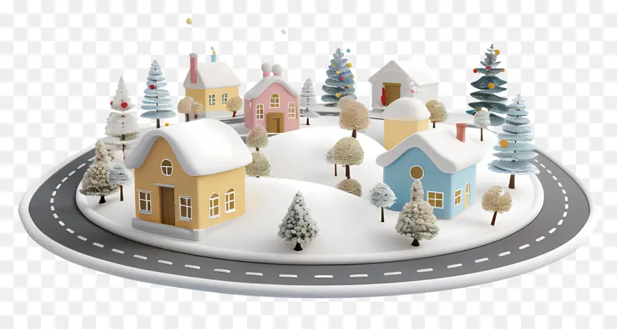 Straßenstraße Seitenansicht kleiner Stadt Land Snowy Hills Ziegelgebäude - Friedliche kleine Stadt mit schneebedeckten Hügeln, Bäumen, Gebäuden