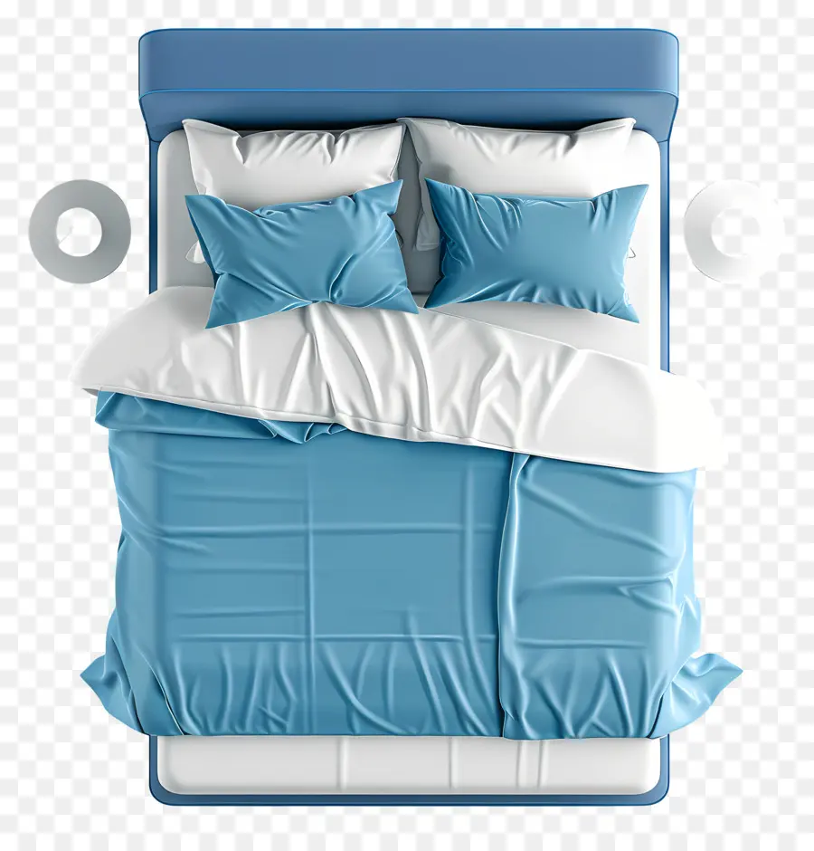 bed top view bedding set blue and white sheets headboard pillows light blue blanket