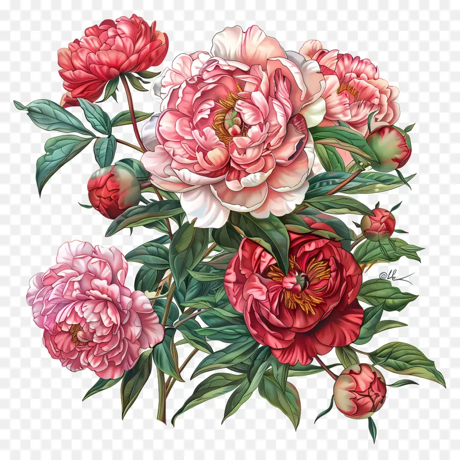 Pfingstrose Busch rosa Pfingstrosen Bouquet Malerei Blumen - Rosa Pfingstrosen in voller Blüte auf schwarzem Hintergrund