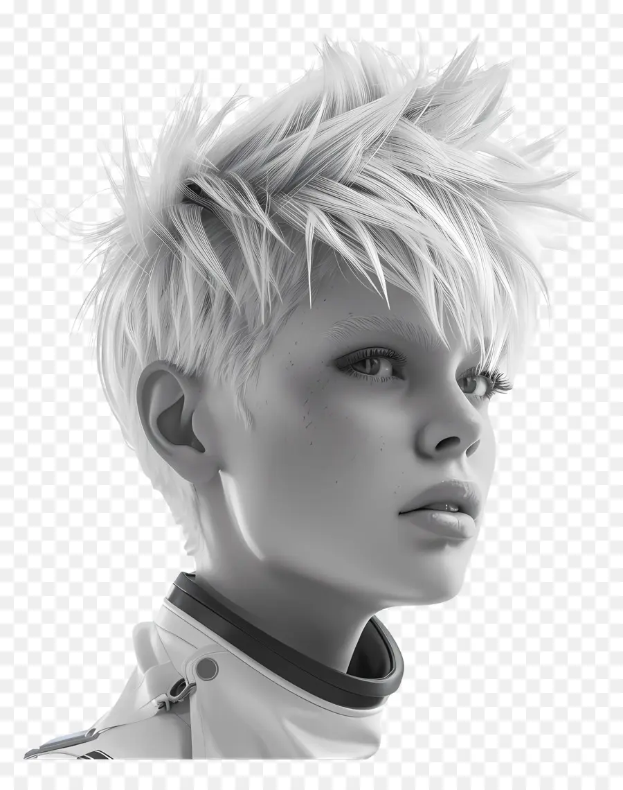 edgy messy short pixie cut 3d rendering spiky hair white hair black background