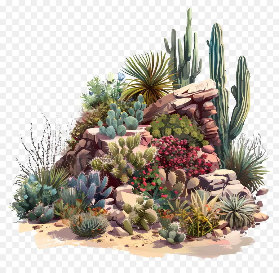 Wüstenvegetation Wüstenlandschaft Kakte Sukkulenten Felsen - Digitales Bild der realistischen felsigen Wüstenlandschaft