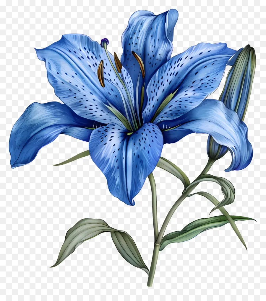 Blaue Lilie Aquarellmalerei Blue Lily Blume Green Stiele Blätter - Aquarellmalerei der blauen Lilienblume
