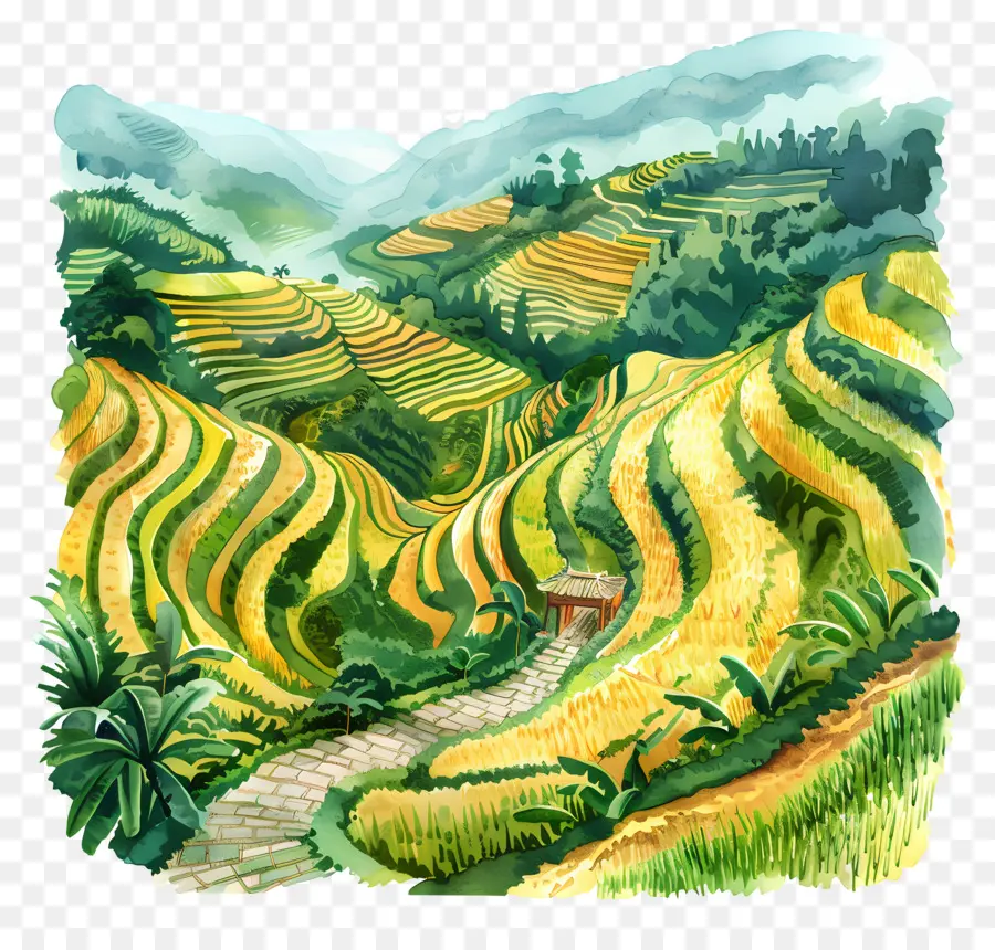 Gạo Terraces Tranh cảnh quan Trung Quốc Rice Paddies Núi Màu nước bức tranh màu nước - Cảnh quan nông thôn Trung Quốc với cánh đồng lúa