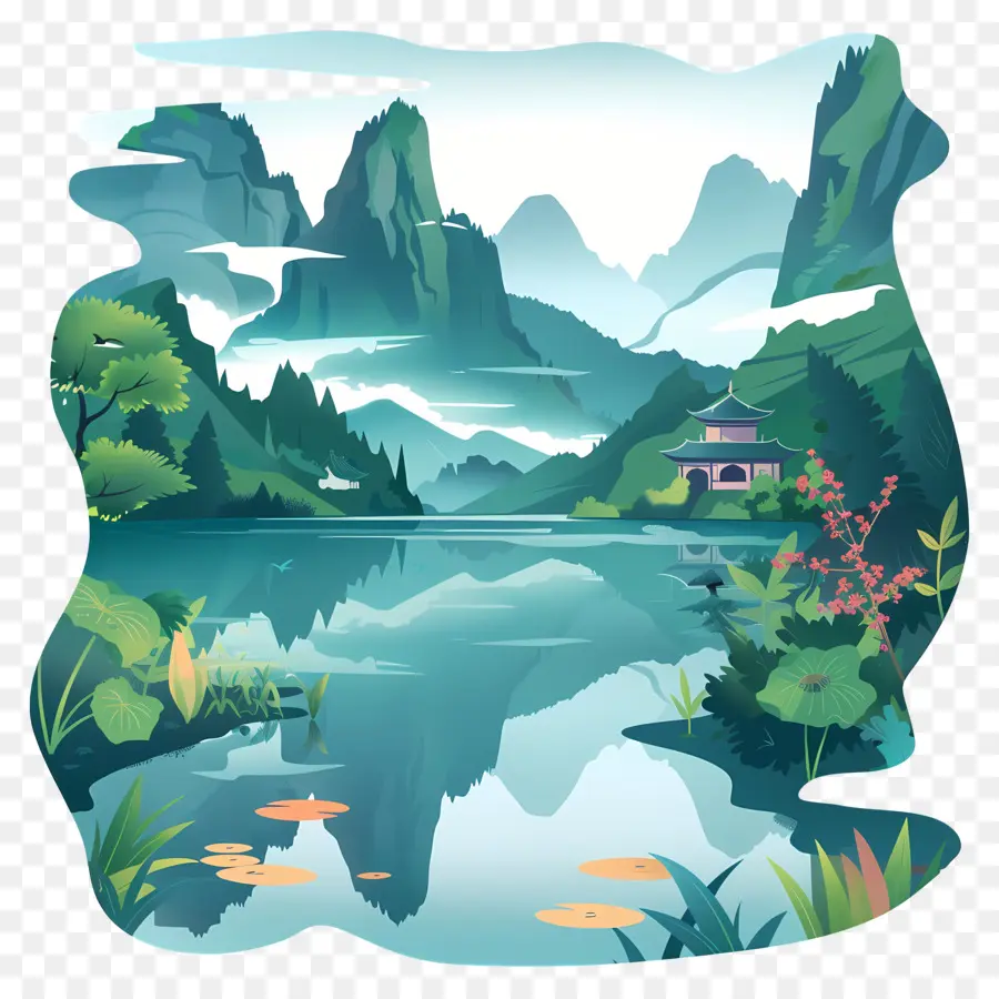China Nature Cartoon Illustration River Mountains - Cartoon River -Szene mit Person entspannt