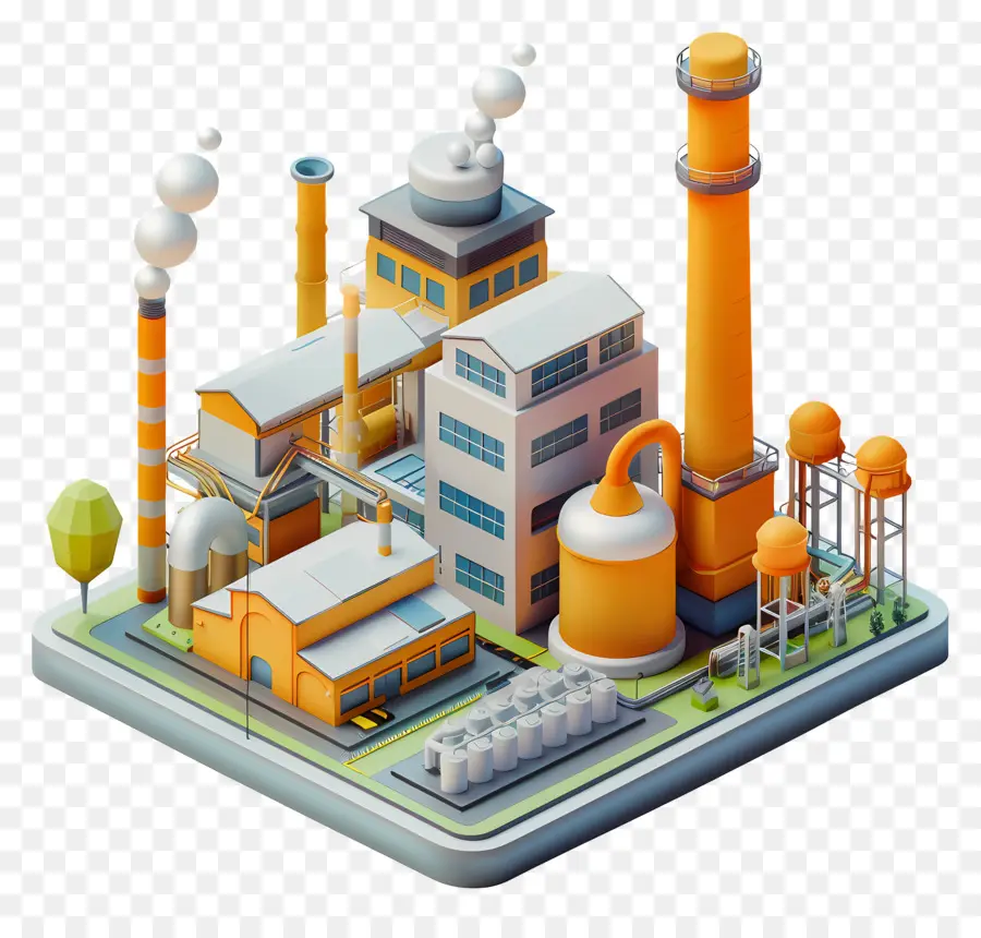 Isometrische Fabrik Industrial Factory 3D Rendern Rauchstacks Maschinerie - 3D -Industriefabrik mit Arbeitnehmern außerhalb
