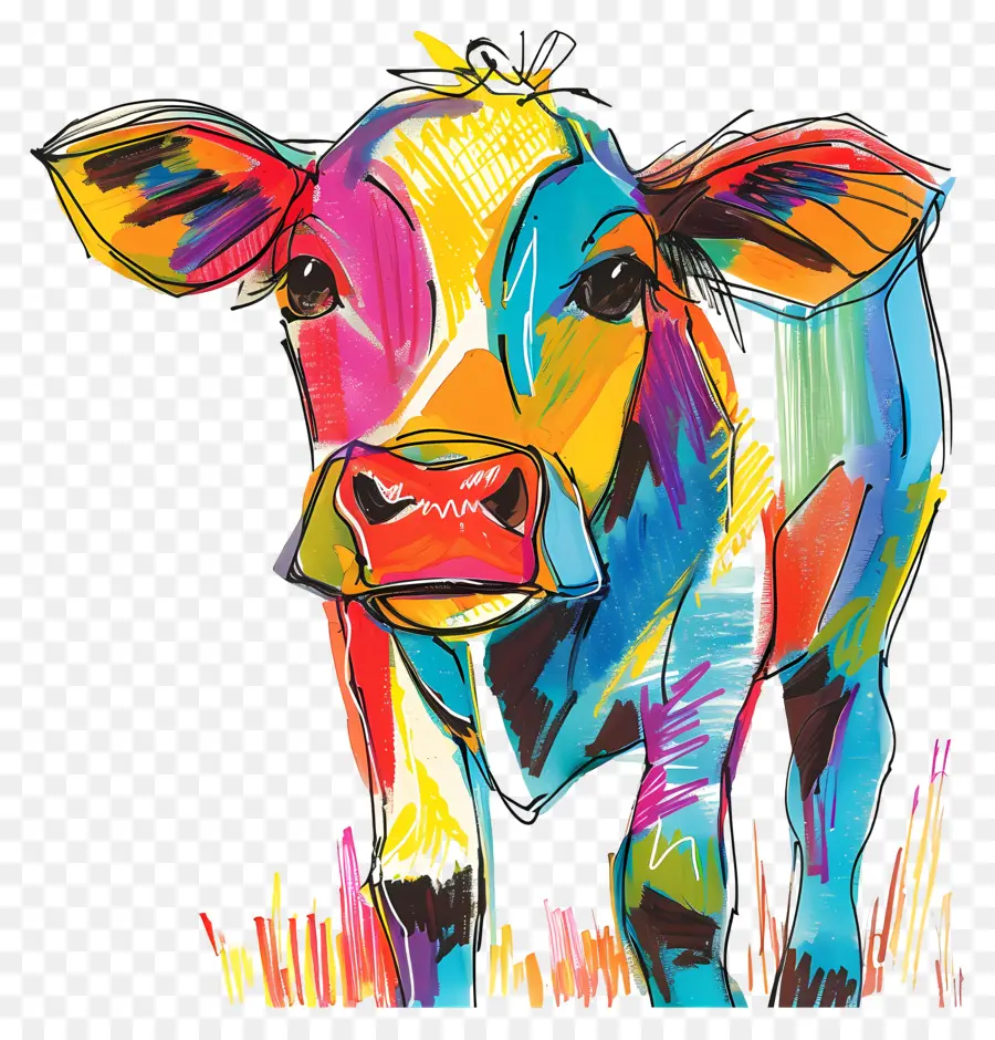 Kuhkuh -Illustration Digital Kunst Buntes Kuhfeld Hintergrund - Farbenfrohe Kuh im Feld mit Baum