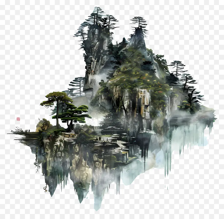 China Nature Island Tree Rocky - Dipinto sereno dell'isola rocciosa con albero