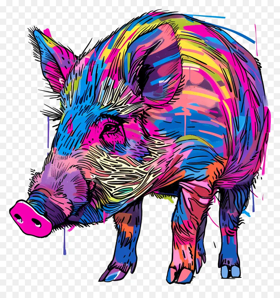Wildschwein Buntes Schwein abstrakter Kunstspritzer Farbe Tiermalerei - Farbenfrohes abstraktes Schwein auf schwarzem Hintergrund