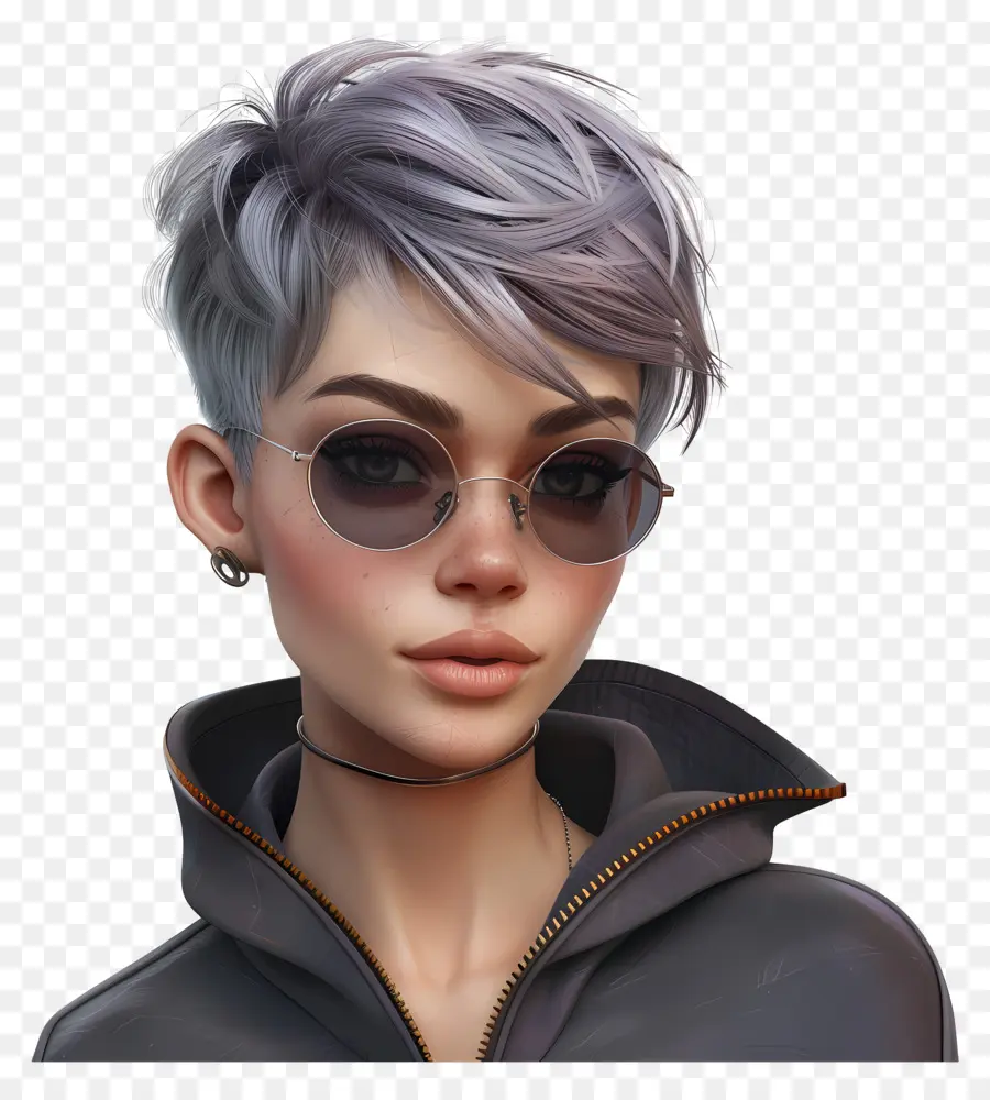 edgy super short pixie cut 3d rendering young woman sunglasses hoodie