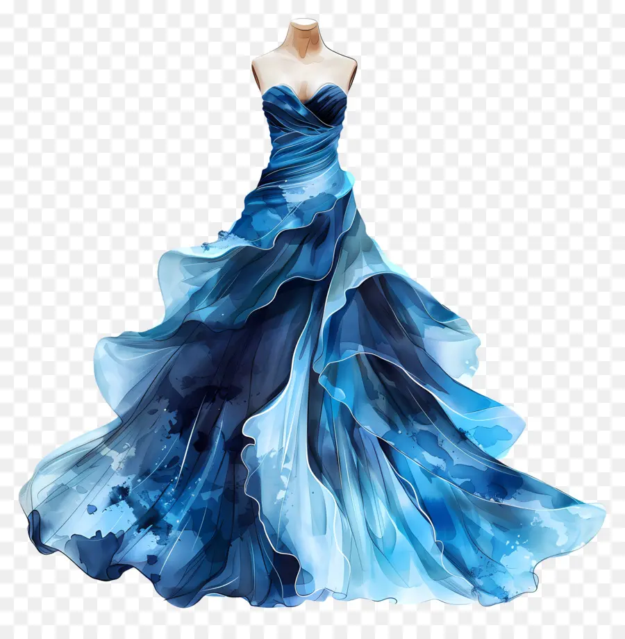 blue wedding dress blue gown long train watercolor effect strapless