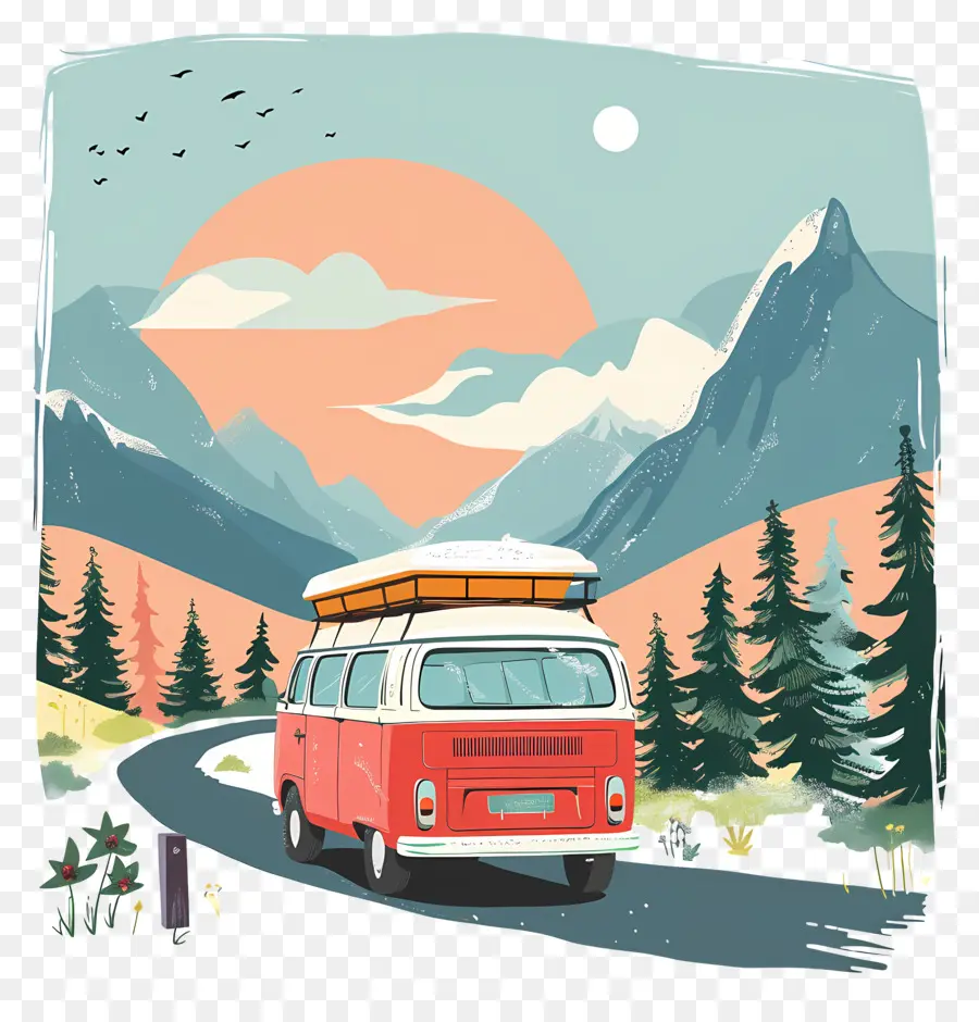 alberi di pino - Van Vintage Red Camper Van con tavola da surf che viaggia pacificamente