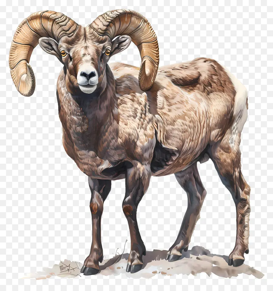 Bighorn Sheep Ram Desert Horns Muscular - Grande arietto marrone con corna arricciate in piedi con orgoglio