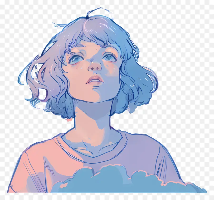 girl girl with blue hair dreamy expression pink shirt curly hair