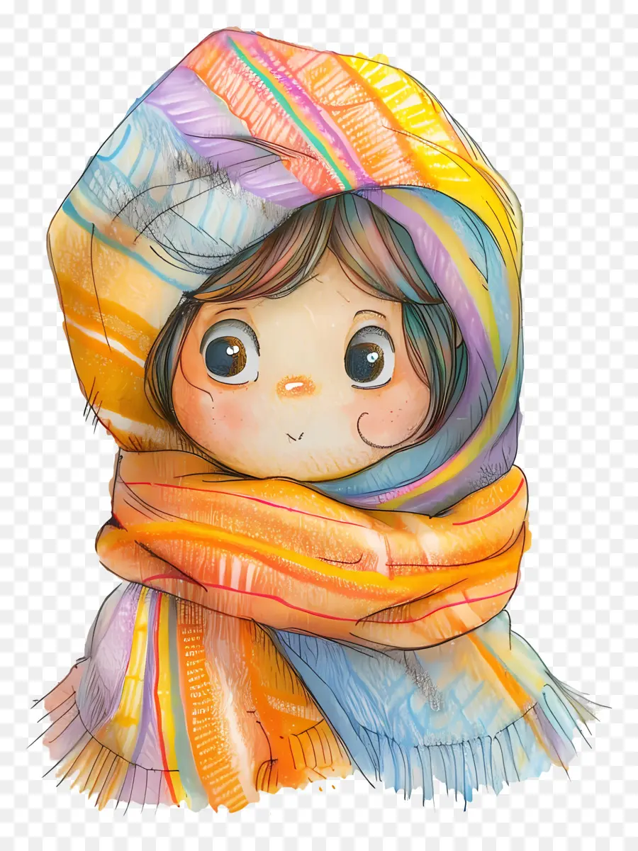 asciugamano ragazza grandi occhi colorati scialle luminoso sorriso - Illustrazione digitale della ragazza sorridente in scialle