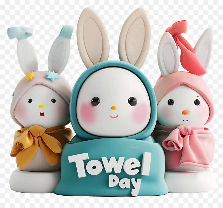 towel day toy rabbit blue hooded sweatshirt blue shorts pink and white beanie hat
