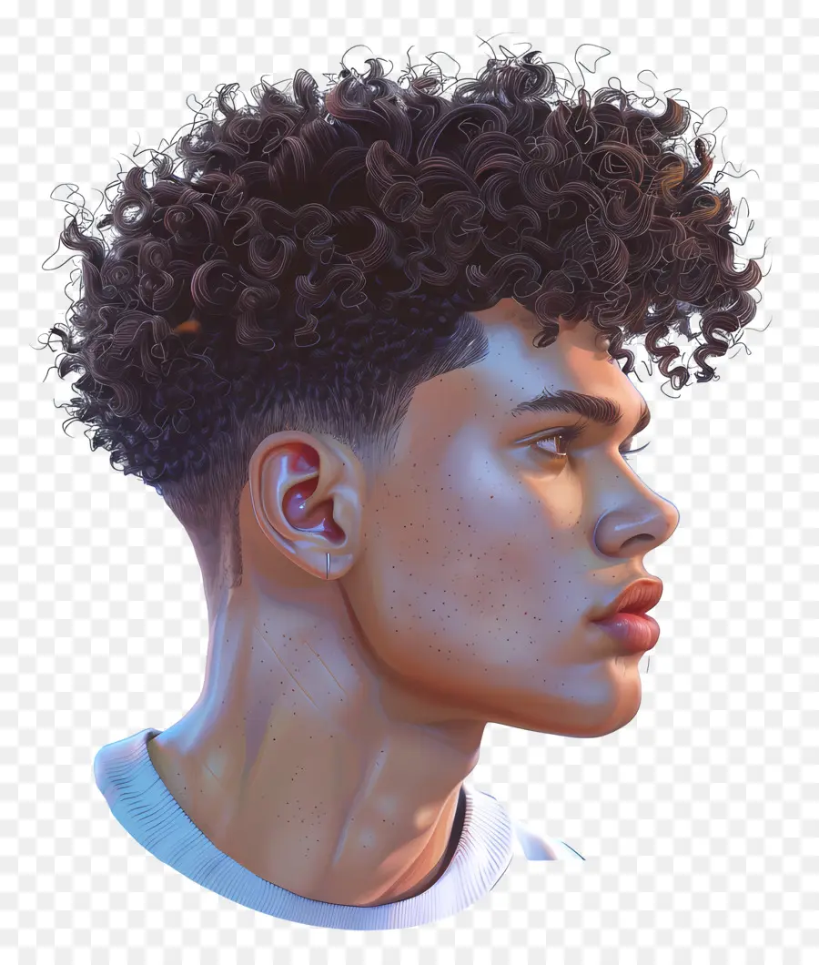 curly low taper fade young man short curly hair round face determined look