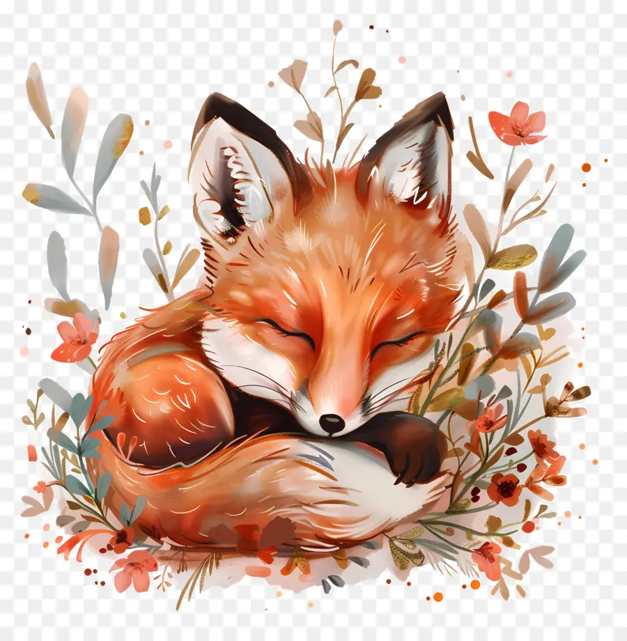 la volpe per bambini che dormono i fiori - Fox che dorme nelle foglie, sognando maliziosamente. 
Acquerello vibrante