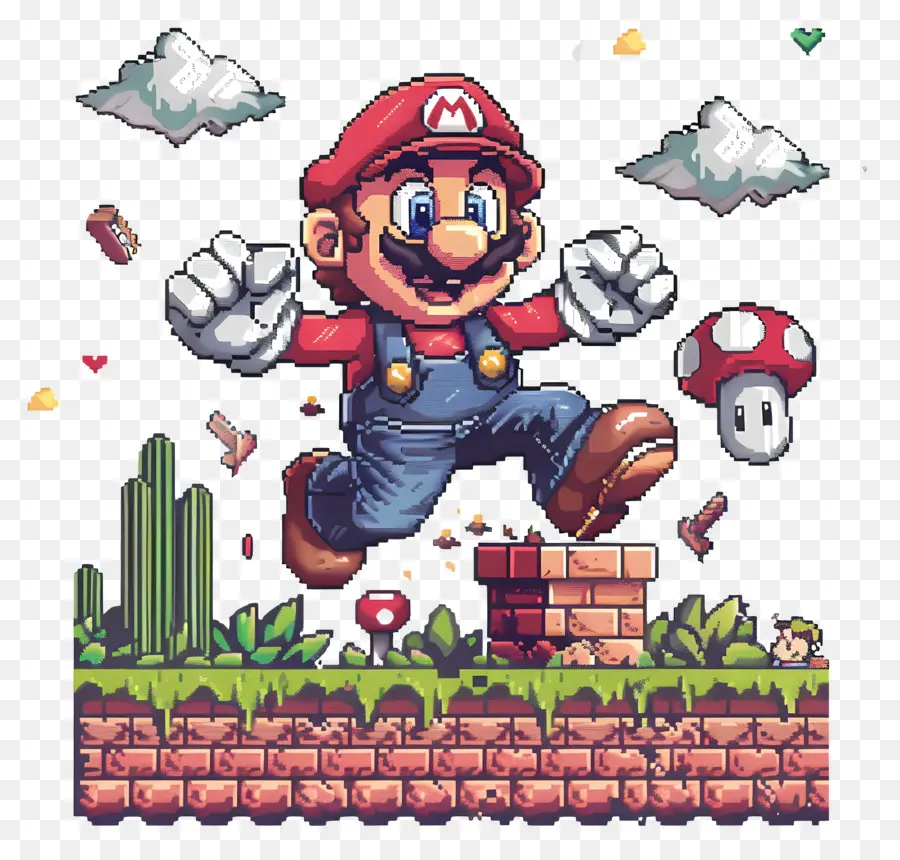 Super Mario - Pixelte Mario springt auf Ziegelmauer
