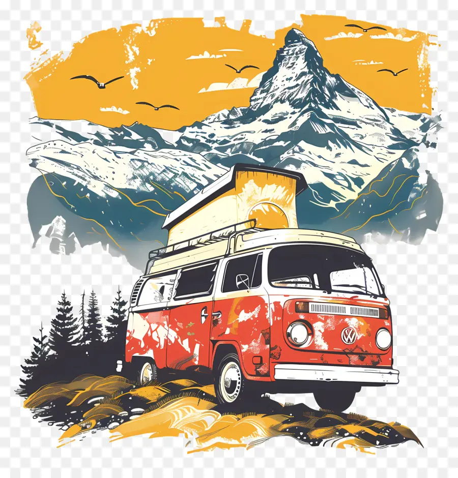 Road Trip Day Volkswagen Van Mountain Range Wanderung zum Summit -Abenteuer - Vintage Volkswagen Van in Snowy Mountains geparkt