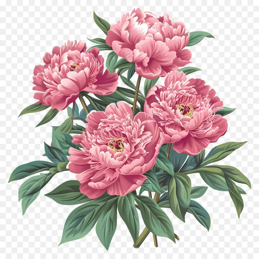Peony Bush Pink Pink Peonies Ilustration Flowers in Bloom Petals Open - Peonie rosa disegnate a mano su sfondo nero