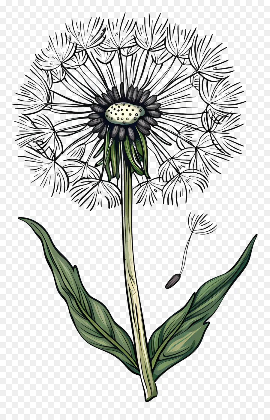 Dandelion Dandelion Flower Black and White Giallo Centro - Fiore di dente di leone bianco e nero con seme
