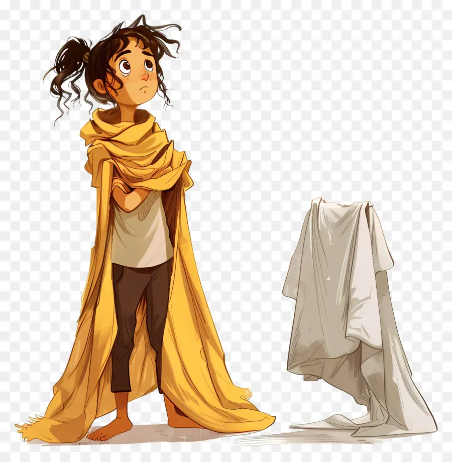 towel day young girl white towel yellow shawl blank expression