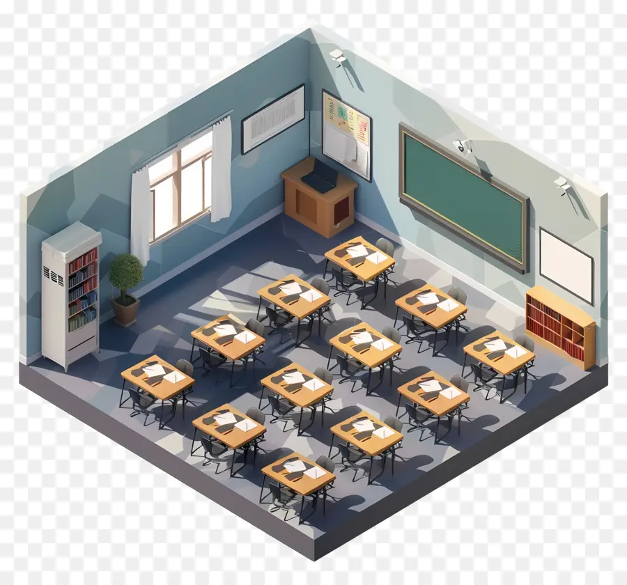 Schulklassen -Klassenzimmer -Schreibtische Stühle Blackboard - Leeres Klassenzimmer mit Schreibtischen und Tafel