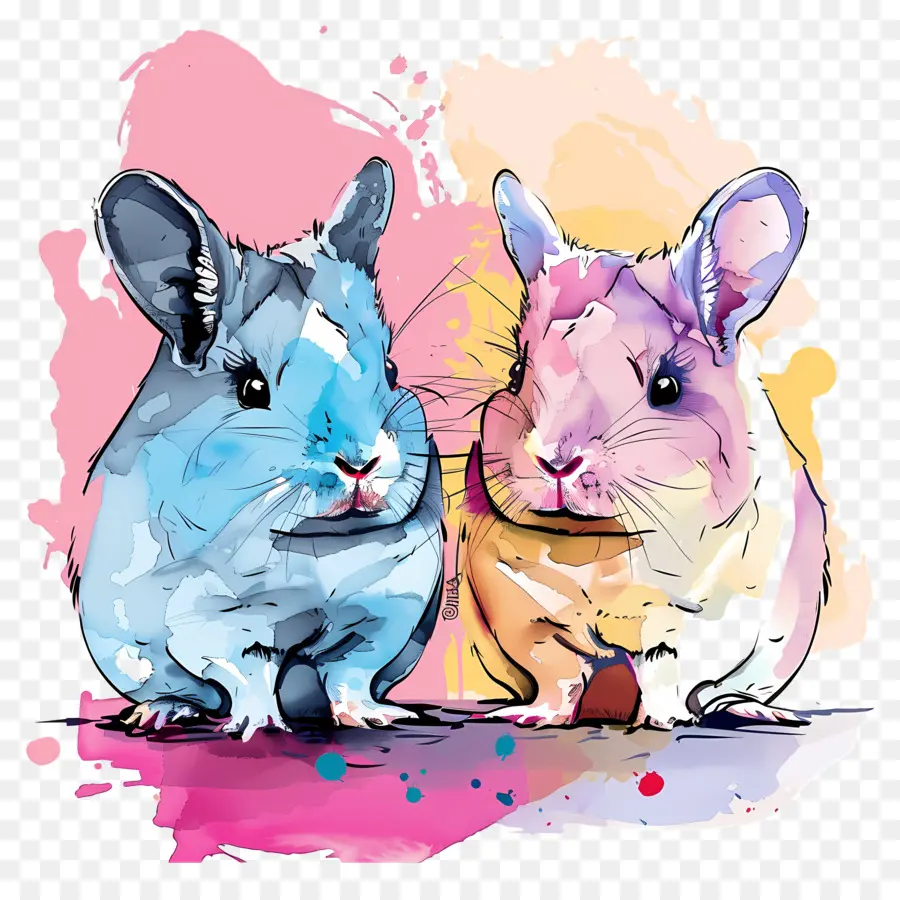 chinchillas rabbits paint splattered surface friendly expression blue