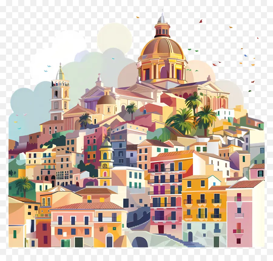 Sizilien kleine Stadtgebäude Architekturuhr Tower - Farbenfrohe Stadt auf Hügel mit Glockenturm