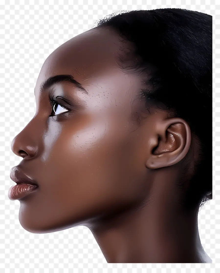 Donna nera faccia ad alta risoluzione ritratto a mascella affilata pelle liscia espressione seria - Donna in ombra con un bagliore a mascella affilata