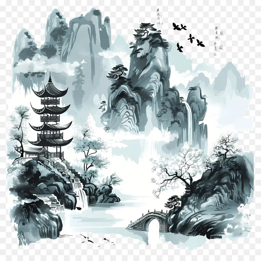 chùa núi thiên nhiên Trung Quốc - Cảnh núi với ao, chùa, cây cối, vách đá