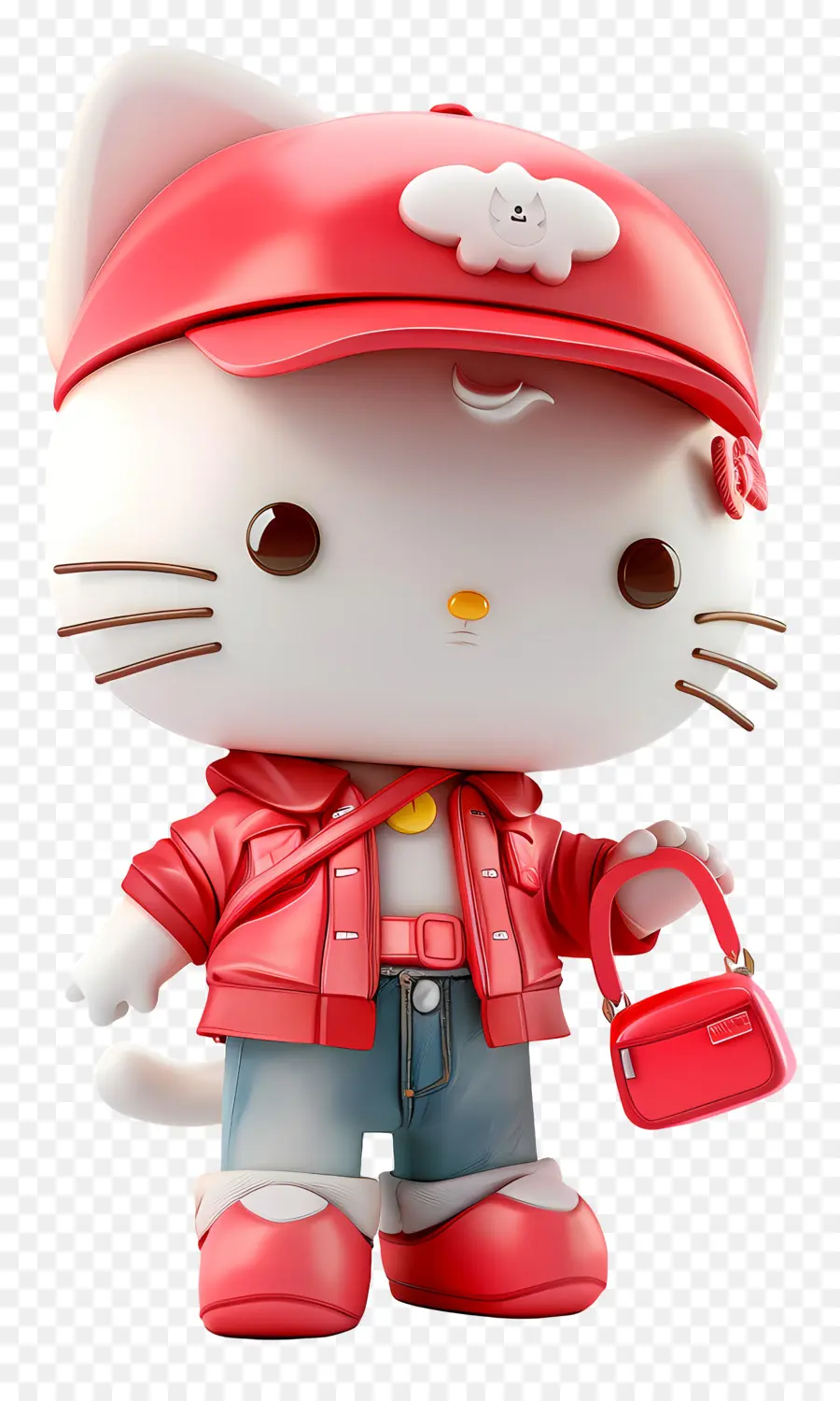 Hello Kitty - Cartoon -Charakter trägt einen roten Mantel mit Geldbörse
