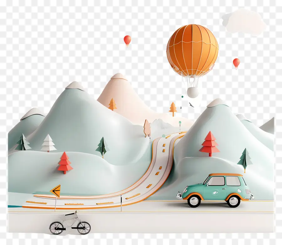 Heißluftballon - Auto auf der kurvenreichen Straße, Berg mit Schnee