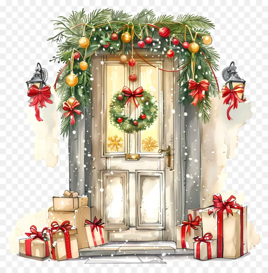 cửa Giáng sinh vẽ tranh màu nước bức tranh lễ hội hiện tại hiện tại cửa gỗ cũ - Cảnh Giáng sinh lễ hội với đồ trang trí đầy màu sắc